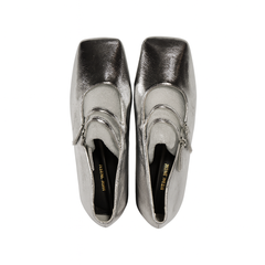[493]NM Women's Genuine Leather Cross-Strap Open Toe Flat Ballet Shoes Vintage French Silver Mary Jane Shoes