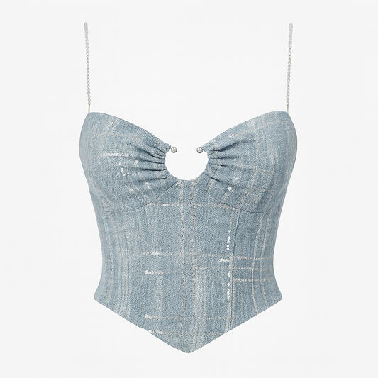 [556]NSR Summer Women's Chain Heart Cut-Out Strapless Top, Short Hem Asymmetrical Straps Open Back Bodysuit