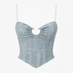 [556]NSR Summer Women's Chain Heart Cut-Out Strapless Top, Short Hem Asymmetrical Straps Open Back Bodysuit