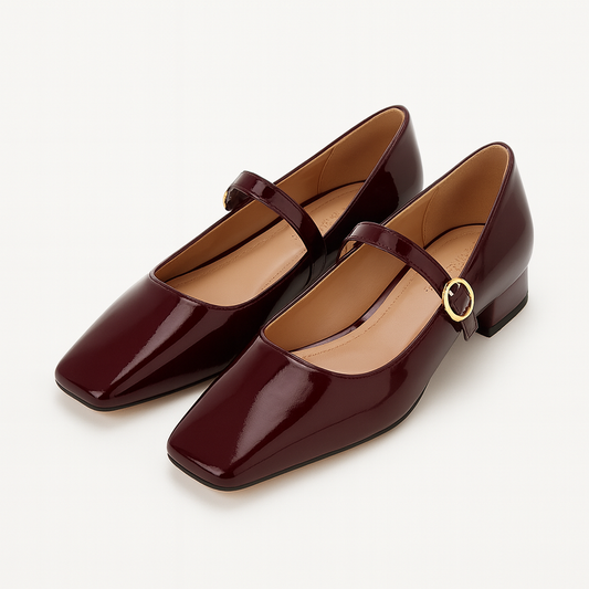 [107JR] Wine Red High Heel Small Leather Shoes - Suitable for Wedding Ceremony Attire, Daily Wear Vintage Square Toe Mary Jane Thick Heel Single Shoes for Women