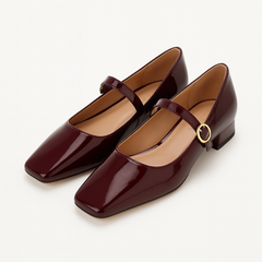 [107JR] Wine Red High Heel Small Leather Shoes - Suitable for Wedding Ceremony Attire, Daily Wear Vintage Square Toe Mary Jane Thick Heel Single Shoes for Women