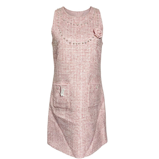 [539]GGMJ     Pink Rose Exquisite Pearl Chain Cinched Waist Slimming Height-Enhening Short Sleeveless Little Chic-Style Short Dress