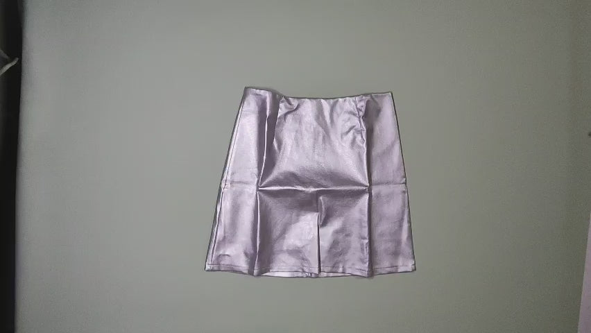 [774]GM   Silver PU Skirt High-Waisted Anti-Slip A-Line Skirt Women's Spring Autumn Korean Style Versatile Bodycon Half-Body Short Skirt Elegant