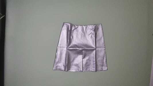 [774]GM   Silver PU Skirt High-Waisted Anti-Slip A-Line Skirt Women's Spring Autumn Korean Style Versatile Bodycon Half-Body Short Skirt Elegant