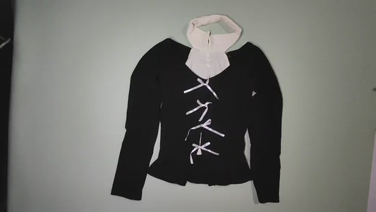 [857]MM  Women's Autumn Patchwork Bow Knit Top with Slim Fit Design, Double-Layered Inner Layer Base Top