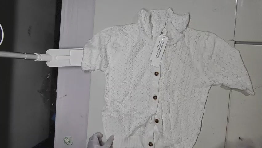 [690]GM     [Promotion Price] French Balloon Sleeve Openwork Short-Sleeve Polo Shirt Women's Summer Lightweight Top Elegant Outerwear Ice Silk Collar Knitted Cardigan