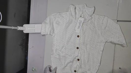 [690]GM     [Promotion Price] French Balloon Sleeve Openwork Short-Sleeve Polo Shirt Women's Summer Lightweight Top Elegant Outerwear Ice Silk Collar Knitted Cardigan