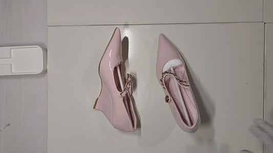 [284]GS     Live Luxuriously Metal Chain Single Strap Wedge Heel Pointed Toe Mary Jane Platform Heel Genuine Leather Versatile Fashionable Women's Sneakers