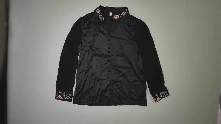 [681]MM  2025 Spring New Chinese Style Black Long Sleeve Stand-up Collar Embroidery Chiffon Shirt Women's Top