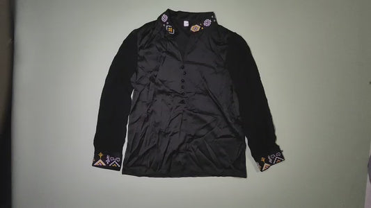 [681]MM  2025 Spring New Chinese Style Black Long Sleeve Stand-up Collar Embroidery Chiffon Shirt Women's Top