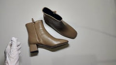 [742]MM  Women's Autumn/Winter Genuine Leather Square Toe Medium Thick Heel Martin Boots 2025 New Model Slimming Suede High Heel Gray Short Boots