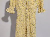 [116]G   French V-neck chiffon yellow floral print dress for women summer puff sleeves waist belt tailored waist elegant slit tea dress