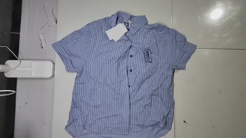 [149]GS  [Promotional Price] Xiangying Preppy Style Blue Stripes Women's Short-Sleeve Shirt 2025 Summer New Arrival Loose-Fitting Collar Shirt Relaxed Top