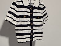 [584] ORG Tencel Knitwear Ultra-Soft Chanel-Style Polo Neck Hollow-Out Black and White Striped Short-Sleeve Knit Top 2025 Summer