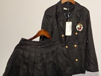 [586]G   MIUCO College-Style Lapel-Pin Double-Breasted Blazer + Playful Pleated Midi Skirt Two-Piece Women's Outfit Set