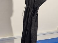 [180]G   [Sale Price] Shuen All-Cotton Stripe V-Neck Single-Button Loose Hooded Maxi Dress  Drawstring Elegant-Ink Black Short-Sleeve Summer Dress