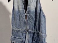[686]N Chuji Vintage V-Neck Asymmetrical Shoulder Denim Vest for Women, Summer 2025, Large Pocket Cinched Waist Top - E1M2162D