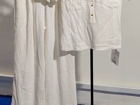 [389]MM   Korean-imported warp-and-weft textured pleated short-sleeve V-neck T-shirt / long pants