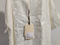 [866]NM New Chinese Style, Heavy-Work Relief Jacquard, White Mid-Sleeve Mulberry Silk Shirt for Women, Loose Fit