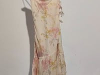 [405]N French-style floral spaghetti strap dress with a sophisticated, vacation-inspired vibe. Asymmetrical long dress for women, perfect for summer.
