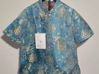 [484]N Blue silk Song brocade blend jacquard new Chinese style women's summer improved frog button shirt