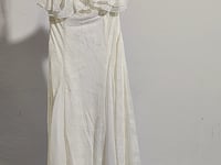 [198]N Excellent Work【Lotus Dream】French-style White Halter Embroidered Ruffle Belted Maxi Dress