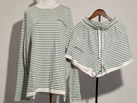 [734]G   [Same Style as Xu Yiyang] AHA Aichi Ai Thin Stripe Logo Embroidery Long-Sleeve Short-Pants Loungewear Two-Piece Set
