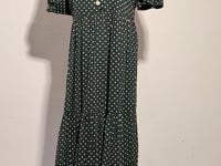 [605]GG    New French Vintage Deep Green Polka Dot Shirt Collar Ruffle Hem Tiered dress