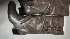 [675]G    Mooreyu Women's Brown Western Cowboy Boots with Pleated Fleece Lining, Long Knight-Style Pointed Toe Trouser Boots