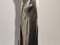 [425]GG    Satin Diagonal Cut French Strap Dress with Acetate Gold Foil Embossed on the Collar and Large Hollow Out Flowing Neckline