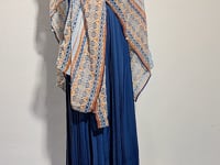 [023]GG    Bird Pattern Light Blue Shoulder Wrap Resort Strap Dress for Women Pleated Midi Dress