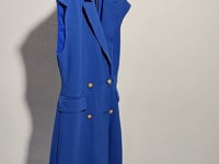 [100]GG    High-End Blue Cinched Waist Suit Dress, Professional Slim-Fit Tie-Belt Dress