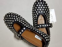 [557]GG   French Genuine Leather Round Toe Rhinestone Rivet Mary Jane Flats Fairy Ballet Dancing Shoes