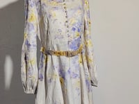 [073]GG   Romantic Purple Encounter Australian Boutique Design Puffed Sleeves Waist-Tailored Slimming Linen Printed Dress