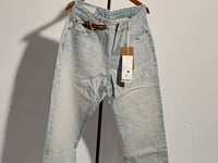 [527]GG    Light Blue Raw Edge Custom Fabric Retro Texture Washed Low Waist Straight Leg Jeans