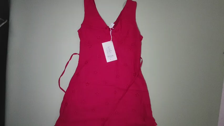 [191]GM   Red Openwork V-Neck Strapless Dress for Unisex Petite Women's Summer 2025 High-End Slimming A-Line Mini Skirt
