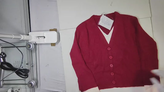 [035]GM   Stylish Red V-Neck Knit Sweater for Women - Autumn and Winter, Age-Defying, Trendy Top with Inner Layer Base Sweater