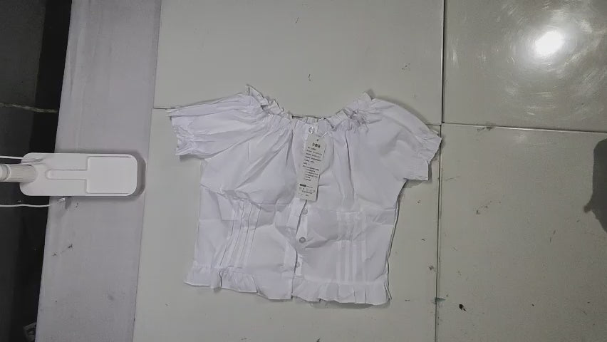 [819]MM  Women's Summer French Ruffled Collar Short-Sleeve Shirt with Unique Design, Exclusive Charm, and Distinctive Puffed Sleeves - Short-Length Top