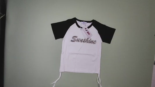[698]GM    HuiLi Women's New Collection Summer Designer Style Slimming Drawstring 100% Cotton Set-In Sleeve Short T-Shirt