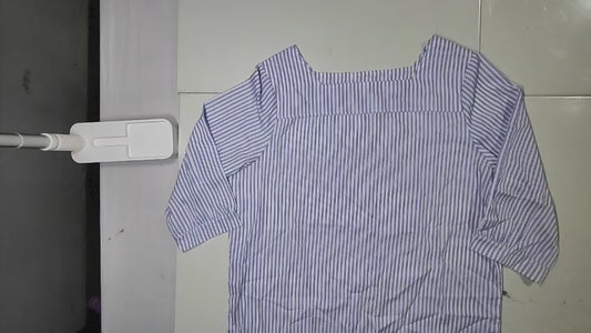 [041]NM Women's 2023 Summer New Chiffon Shirt with Boat Neck Short Sleeves Korean Style Striped Loose Puffed Sleeves Top Stylish Blouse