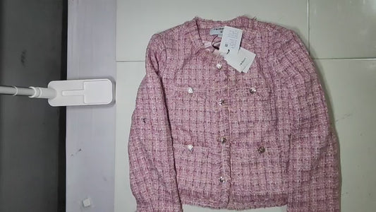[792]GM    Redsuit Imported Wool Gabardine Gentle Pink Chanel-Style Jacket Hand-Rolled Edges Four Pockets Checkered Blouse New