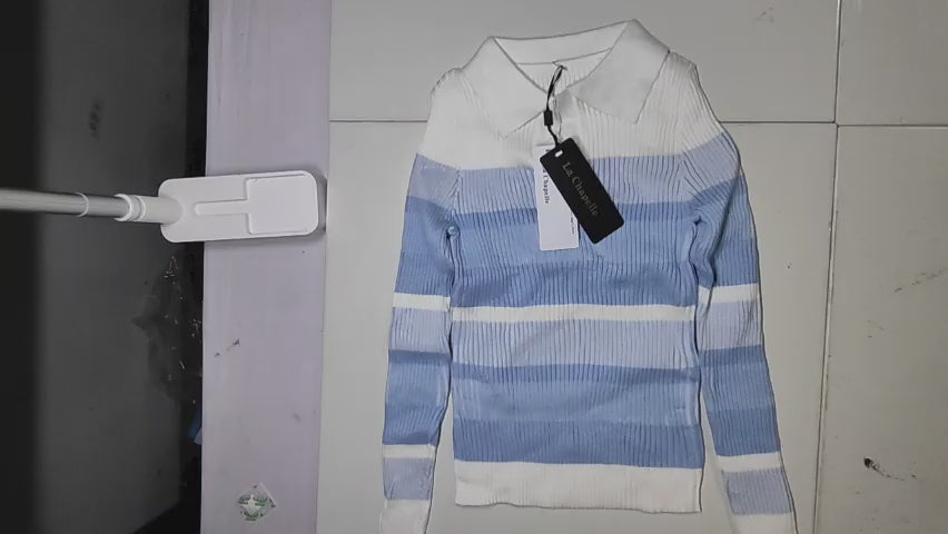 [923]GM   Lashabell Gradient Blue Stripe V-Neck Sweater Women's 2025 Autumn New Arrival Slimming Elegant Top