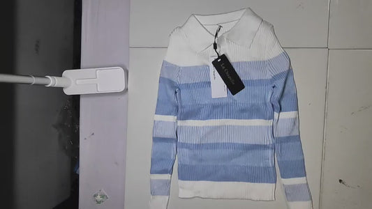 [923]GM   Lashabell Gradient Blue Stripe V-Neck Sweater Women's 2025 Autumn New Arrival Slimming Elegant Top