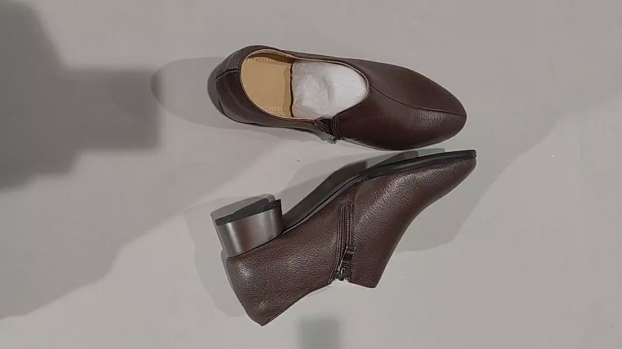 [610]G    WENQIU~3.5cm pointed toe chunky heel women's incredibly soft sheepskin mid-heel shallow vamp comfortable side zipper small leather shoes