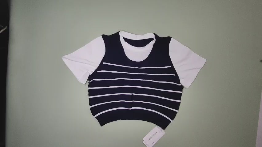 [666]MM Meizi Shule Fake Two-Piece Knit Vest T-Shirt Women's Spring Summer Korean Style Instagram Round Neck Stripe Short Sleeve Top