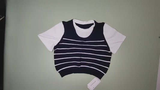 [666]MM Meizi Shule Fake Two-Piece Knit Vest T-Shirt Women's Spring Summer Korean Style Instagram Round Neck Stripe Short Sleeve Top
