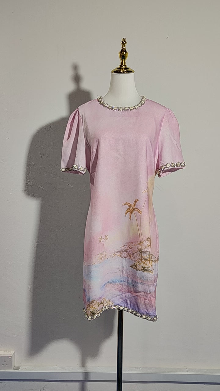 [589]GG   House Light Luxury High Custom、Spring/Shell Edging Sea View Dawn Print Light Purple Short Elegant Dress