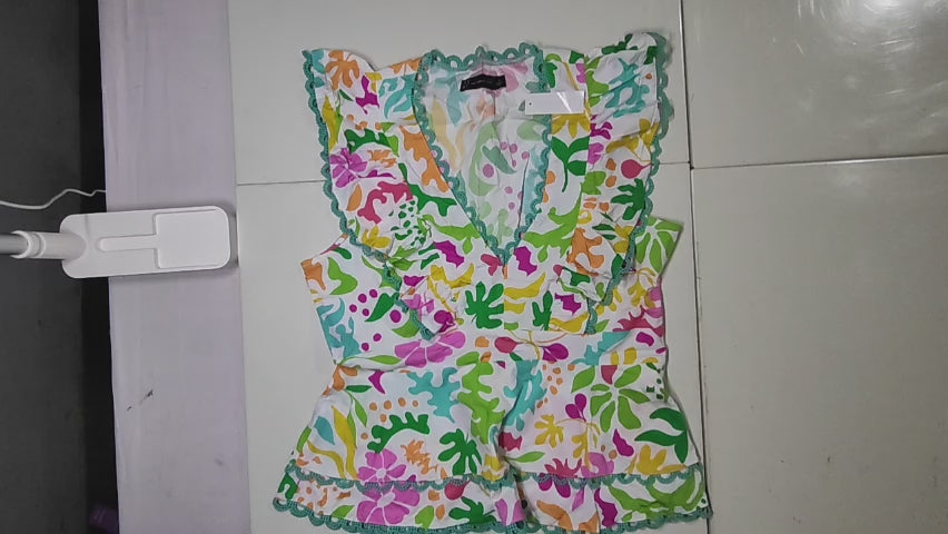 [636]GM   ¡¾Immediately¡¿Bargain Hunt! NY*C Remaining Stock Vibrant Floral V-Neck Puffy Sleeves Stretchy Slimming Top