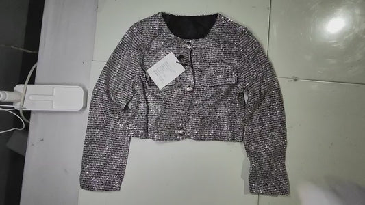[152]GM  Women's 2024 Autumn High-End Silver Metallic Knitted Chanel Style Jacket with Ladylike Elegance Herringbone Fabric Top