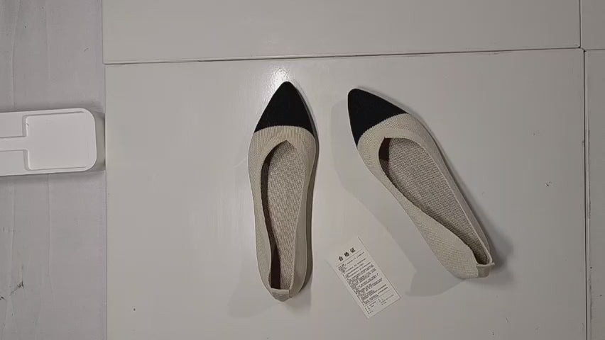 [037]NM Women's Pointed Toe Slip-On Flat Shoes with Soft Knit Uppers, Comfortable Maternity Pebble Shoes, Breathable Beijing Cloth Shoes